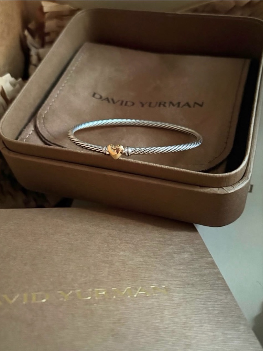 David Yurman Two-Tone Cable bracelet with Heart 14k gold and silver. Used medium